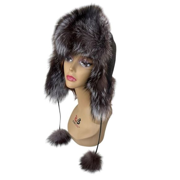 Surell Genuine Blue Fox Fur Trim Quilted Trapper Hat Black with fur Pom Poms